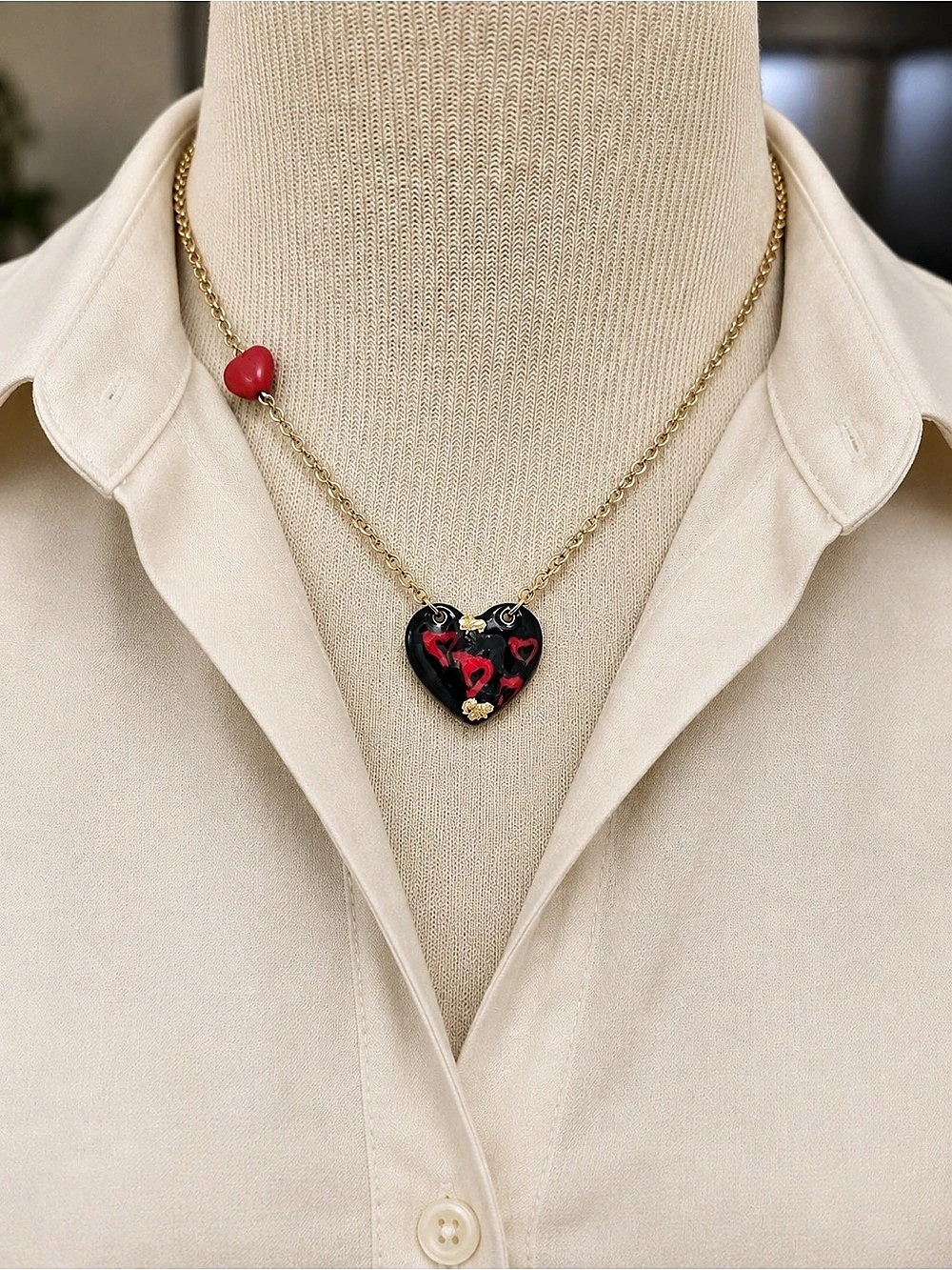 New Handmade Heart Pendant Necklace Gold & Black Steel 316L
